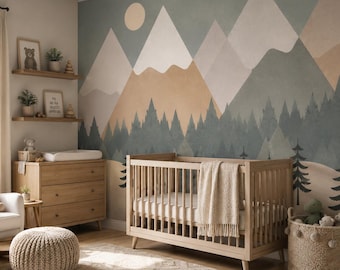 Mountain Nursery Wallpaper, Neutral Mountain Wall Mural, Minimal Forest Wallpaper, Scandinavian Kids Room Decor