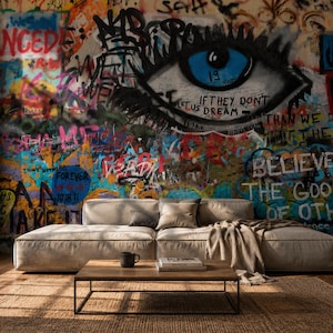 Papel de parede com grafite, mural de parede autoadesivo, papel de parede colorido com arte de rua, decoração urbana para quarto, sala de estar e loft. imagem 1