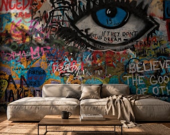 Graffiti Wallpaper, Peel and Stick Wall Mural, Colorful Street Art Wallpaper, Urban Wall Decor for Bedroom, Living Room & Loft