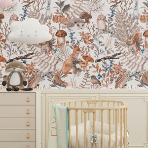 Woodland Animals Nursery Wallpaper: Fox, Owl, Rabbit Mural