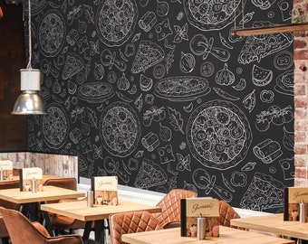Papel tapiz de pizza de pizarra para restaurante / Papel tapiz culinario / Papel tapiz en blanco y negro / Papel tapiz de cocina