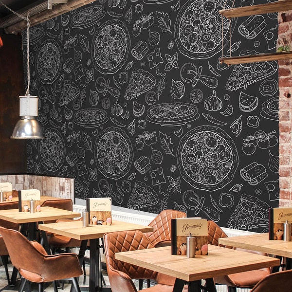 Blackboard Pizza Wallpaper for Restaurant | Culinary Wallpaper | Black and White Wallpaper | Kitchen Wallpaper