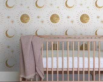 Sun and Moon Astrology Celestial Wallpaper, Stars Kids Room Wall Mural ...