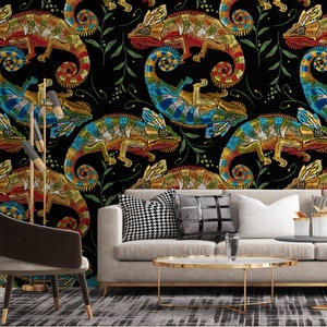 Chameleon Wallpaper: Tropical Lizard Pattern, Black Background
