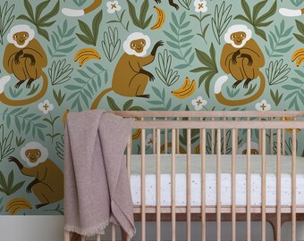 Monkey Nursery Room Wallpaper, Animal Print for Kids Room Wall Covering