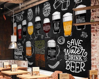 Draft Beer Wallpaper - House Bar Wall Mural - Beverage Wall Decor - Local Pub Wallpaper - Blackboard Background Wallpaper for Cafe & Bistro