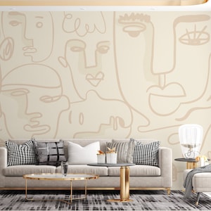Abstract Face Wallpaper, Living Room Mural with Minimalist Style