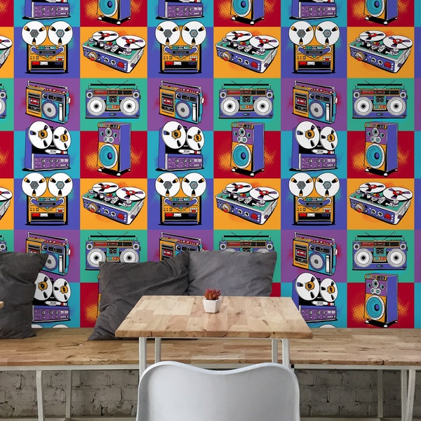 Retro Music Player Cafe Wallpaper, Amplifier Wall Mural for Bistro and Bar, Colorful Pop Art Restraurant Wall Hanging