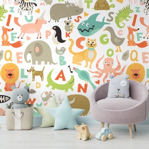 Alphabet and Animals Pattern Wallpaper Nursery Wallmural Cartoon Kids Colorful Shark Lion Koala wall art Children Room Design Custom Size