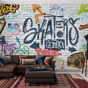 Urban Living Room Graffiti Wallpaper, Skater Wall Mural, Brick Background Street Art Design, Statue of Liberty Wall Decor