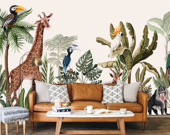 Papel pintado infantil, mural de pared para guardería con palmeras y animales tropicales