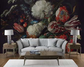 Dark Floral Wallpaper: Vintage Painting, Peel and Stick Wall Mural