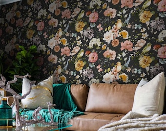 Dark Floral Wallpaper: Birds & Flowers, Peel and Stick Wall Mural