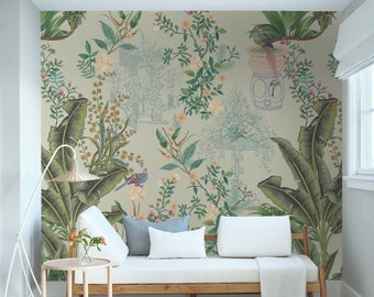 Mint Tropical Chinoiserie Bedroom Wallpaper, Palm Leaves and Birds Wall Mural
