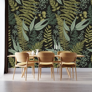 Dark Background Tropical Leaves Pattern Wallpaper, Various Leaf Wall Mural, Kitchen, Living Room Wall Decor