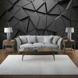 Carta da parati astratta con forme geometriche scure, soggiorno, motivo grigio e nero, design 3D, poster da parete di dimensioni personalizzate