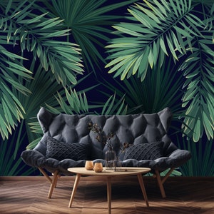 Dark Background Tropical Wallpaper, Floral Wall Mural, Green Leaf ...