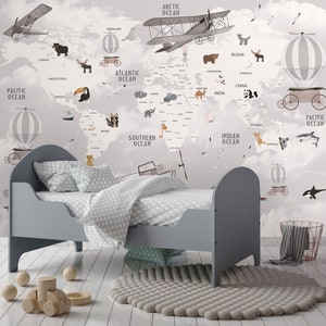 Carta da parati educativa con mappa del mondo, animali e iceberg, decorazione murale per cameretta dei bambini, facile da rimuovere.