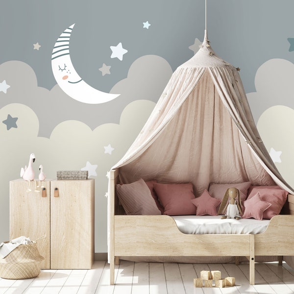 Kids Wallpaper Nursery Wallmural Gray Moon Star Cloud Good Night Sleep Sky Sphere Colorful wall art Children Room Design Custom Size