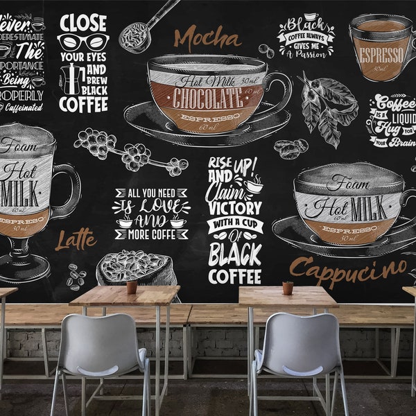 Cafe Shop Wallpaper, Coffee Menu Wall Mural Easy Removable Restaurant Wall Mural Latte Espresso Mocha Cappucino Custom Size Design