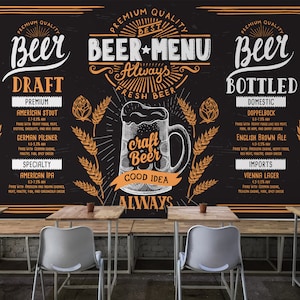 Craft Beer Bar Wallpaper, Cafe Bistro Peel and Stick Wall Mural, Sketch Style Pub Wall Art, Draft Typography Menu, Restaurant Wall Decor