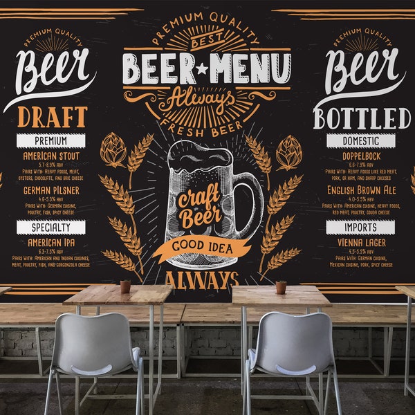 Craft Beer Bar Wallpaper, Cafe Bistro Peel and Stick Wall Mural, Sketch Style Pub Wall Art, Draft Typography Menu, Restaurant Wall Decor