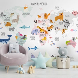 Papel tapiz con mapa del mundo educativo en colores pastel para habitación infantil, mural de pared con animales adorables, decoración de pared autoadhesiva del mundo animal.