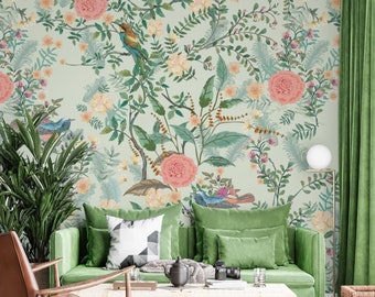 Frühlingsblumen ad Vögel auf dem Mint Hintergrund Blumen Chinoiserie Wallpaper, Kolibri selbstklebende Peel and Stick Wanddekoration