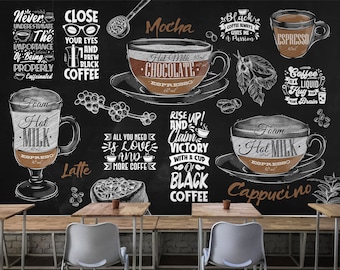 Cafe Shop Wallpaper, Coffee Menu Wall Mural Easy Removable Restaurant Wall Mural Latte Espresso Mocha Cappucino Custom Size Design