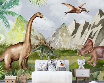 Watercolor Dinosaur Wallpaper: Peel and Stick Nursery Wall Mural