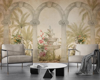 Botanical Wallpaper for Living Room | Arch Wallpaper | Floral Wallpaper Mural | Tropical Wallpaper