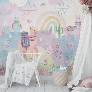 Carta da parati colorata per bambini con animali selvatici, murale con alpaca, carta da parati con lama per la cameretta dei bambini con montagne