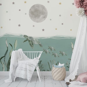 Sea Turtles In The Moonlight Wallpaper Mural | Mint Green Nursery Wallpaper | Underwater Wall Decor