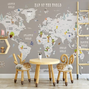 Carta da parati con mappa del mondo grigia con bordi, murale con mappa del mondo per cameretta dei bambini, stampa educativa per pareti di camerette, facilmente rimovibile