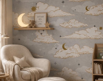Cloud Nursery Wallpaper, Moon and Stars Wall Mural, Neutral Baby Room Decor, Scandinavian Nursery Wall Art