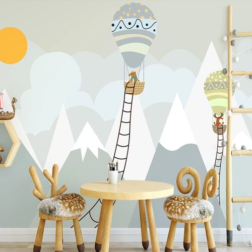 Air Balloon Between Blue and Green Mountain Nursery shops Wallpaper, Cloud and Sun Kids Room Wall Mural, Pastel Color Baby Room Wall Decor