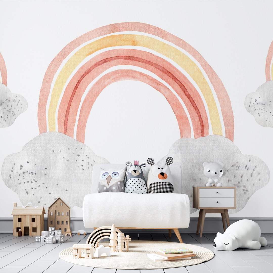 Watercolor Rainbow Cloud Wallpaper Mural - Pastel Nursery Decor - Etsy