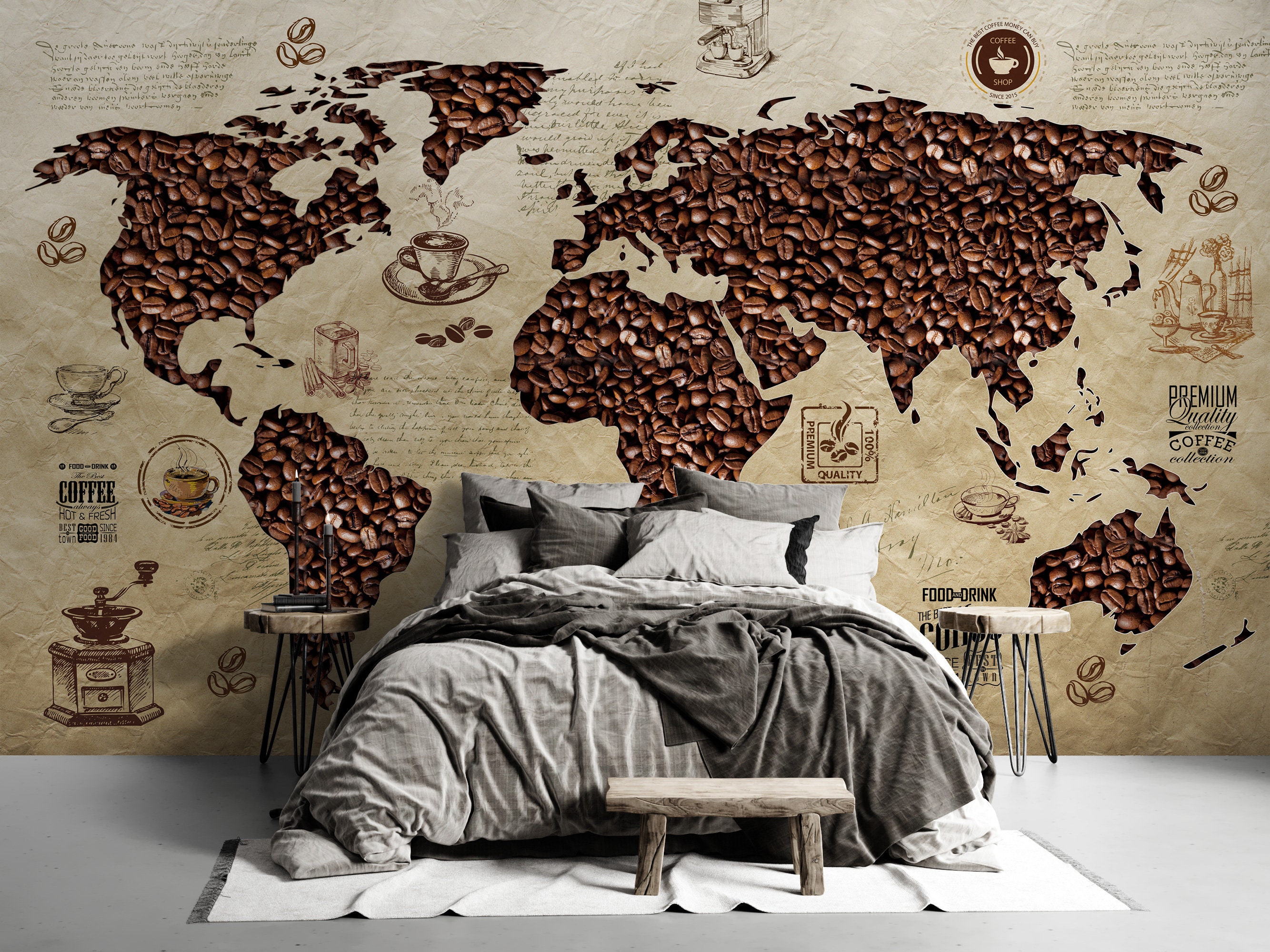 コーヒー豆の世界地図の壁紙：カフェレストランの壁画 - Etsy 日本