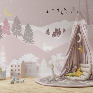 Pink Mountain Forest Nursery Wallpaper, Moon and Stars Landscape Girls Room Wall Mural, Pastel Color Pine Tree Jungle Silhouette Kids Decor