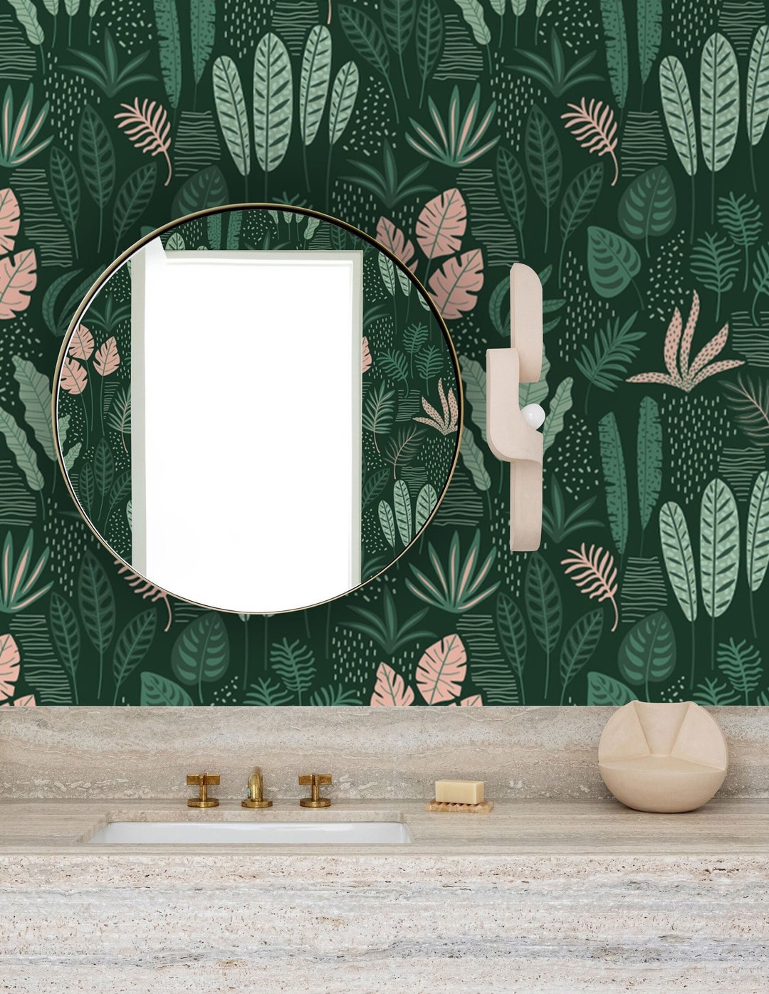 Green Tropical Leaves Powder Room Wallpaper, Botanical Living Room Wall ...