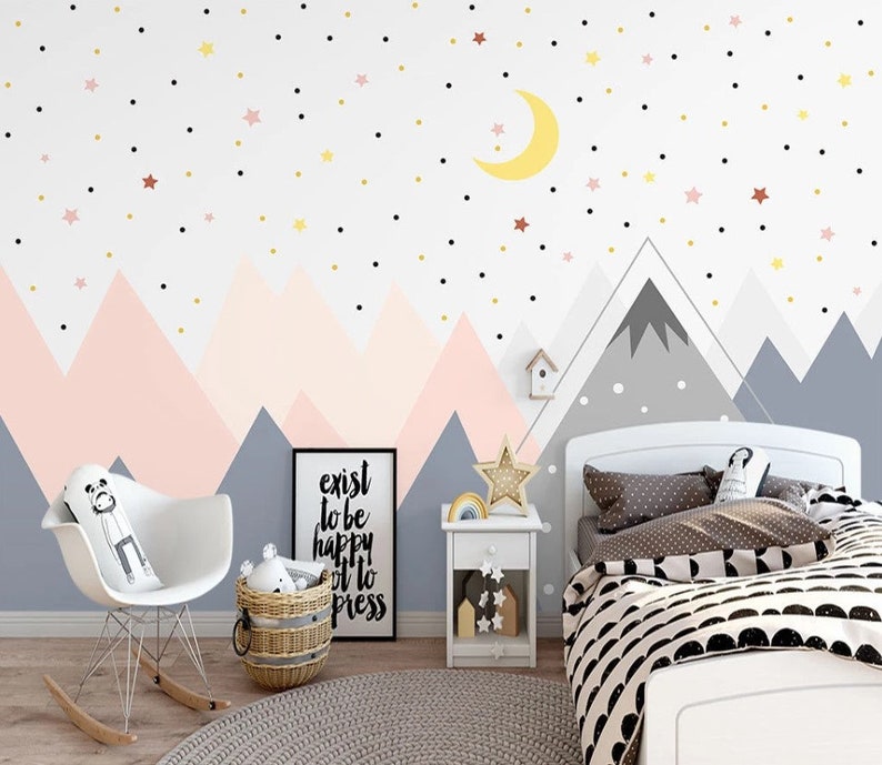 Moon and Stars Unisex Nursery Room Wallpaper Pink and Blue Etsy