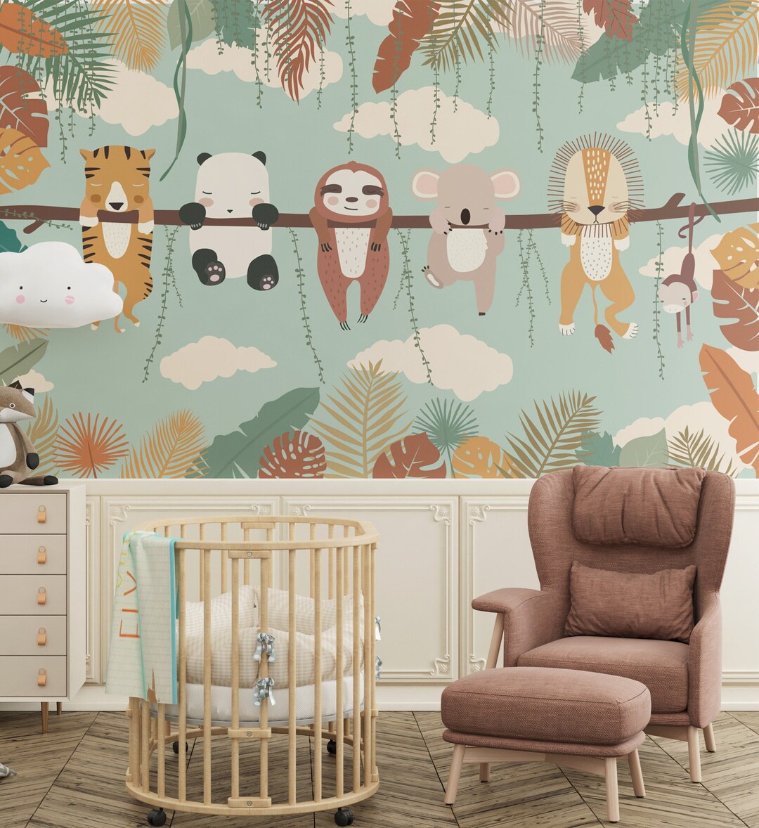 Cute Safari Animals Nursery Mural Pastel Color Tropical Kids Etsy