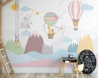 Animal Balloon and Mountain Nursery Wallpaper