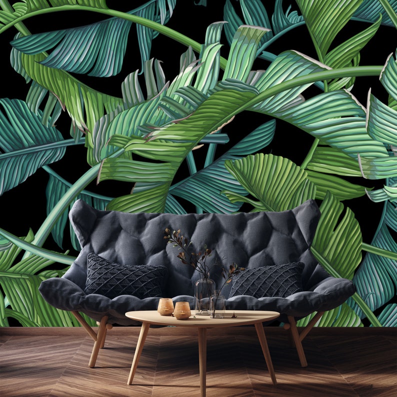 Black Tropical Palm Leaf Wallpaper Mural: Elegant Wall Decor - Etsy