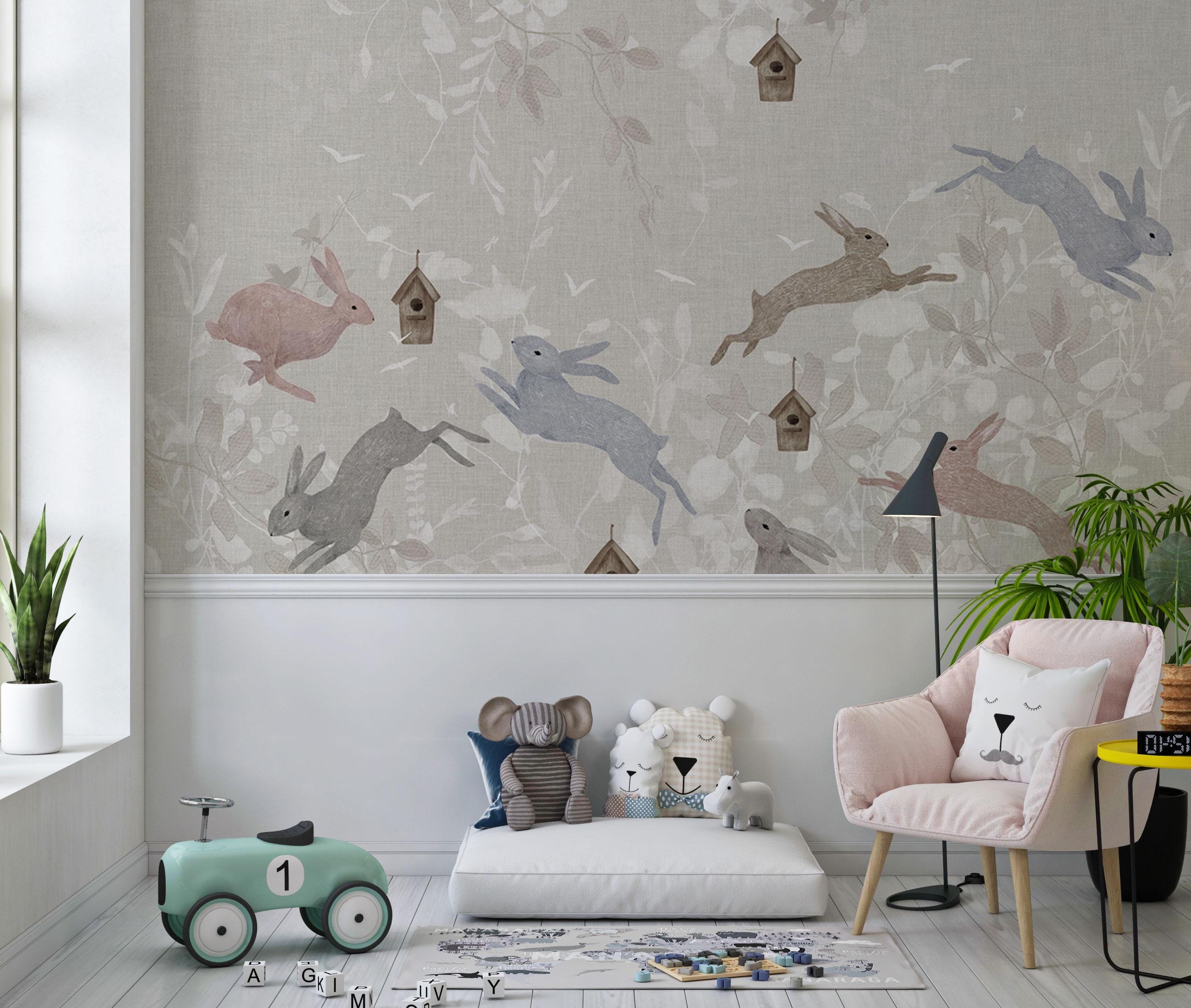 Tapeta Rabbit Gray Nursery Wallpaper - Bunny Theme Wall Mural for Girls Room - Etsy