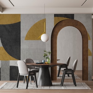 Yellow Abstract Wallpaper, Geometric Minimalist Wall Mural Living Room, Neutral Wall Decor, Easy Removable Peel and Stick Wallpaper