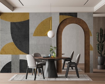 Yellow Abstract Wallpaper, Geometric Minimalist Wall Mural Living Room, Neutral Wall Decor, Easy Removable Peel and Stick Wallpaper