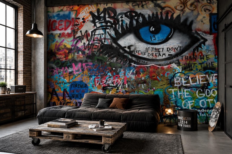 Papel de parede com grafite, mural de parede autoadesivo, papel de parede colorido com arte de rua, decoração urbana para quarto, sala de estar e loft. imagem 2