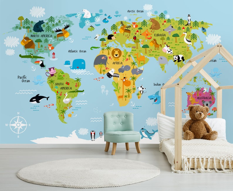 Buy World Map Nursery Wallpaper, Kids Room Animals Wall Mural Online in ...