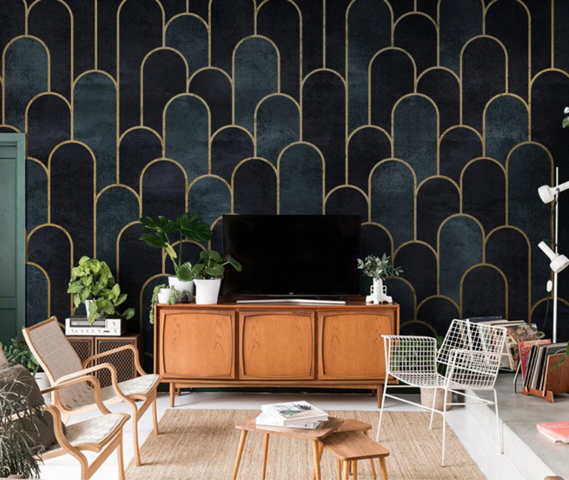 Dark Background Gold Arches Wallpaper Lines Living Room | Etsy